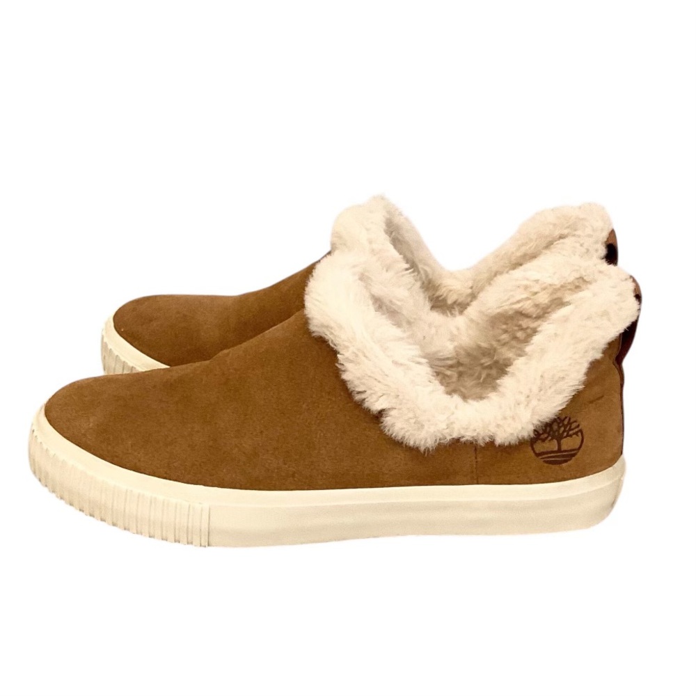 Timberland Brown Suede Slip-On Sneakers with Cream Faux Fur Collar